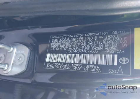 2010 Toyota Yaris from USA, damaged, VIN JTDBT4K37A4077005